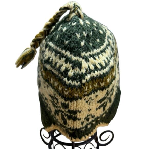 Vintage Nepali Knit 100% Wool Chullo Beanie Hat Youth Green Cream Fair Isle - Picture 6 of 8